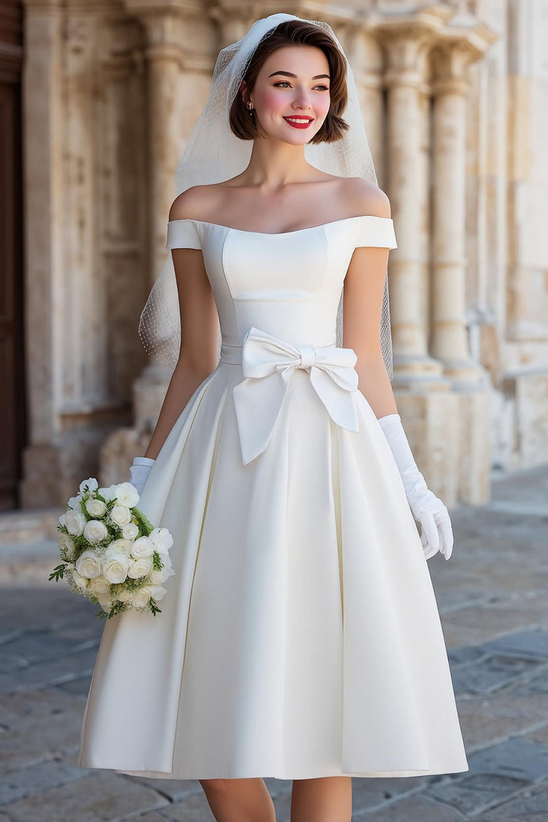 Load image into Gallery viewer, Satin White Off the Shoulder Midi Wedding Dress with Bow