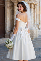 Load image into Gallery viewer, Satin White Off the Shoulder Midi Wedding Dress with Bow
