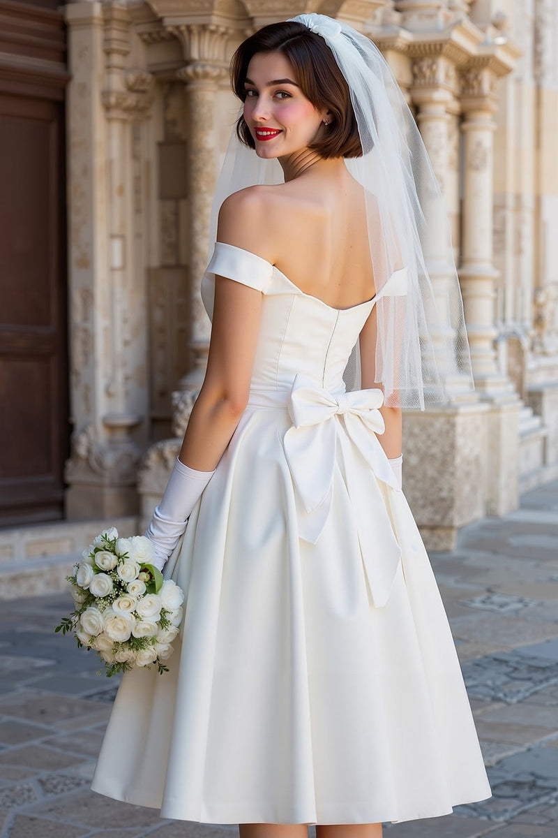 Load image into Gallery viewer, Satin White Off the Shoulder Midi Wedding Dress with Bow