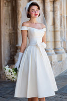 Load image into Gallery viewer, Satin White Off the Shoulder Midi Wedding Dress with Bow