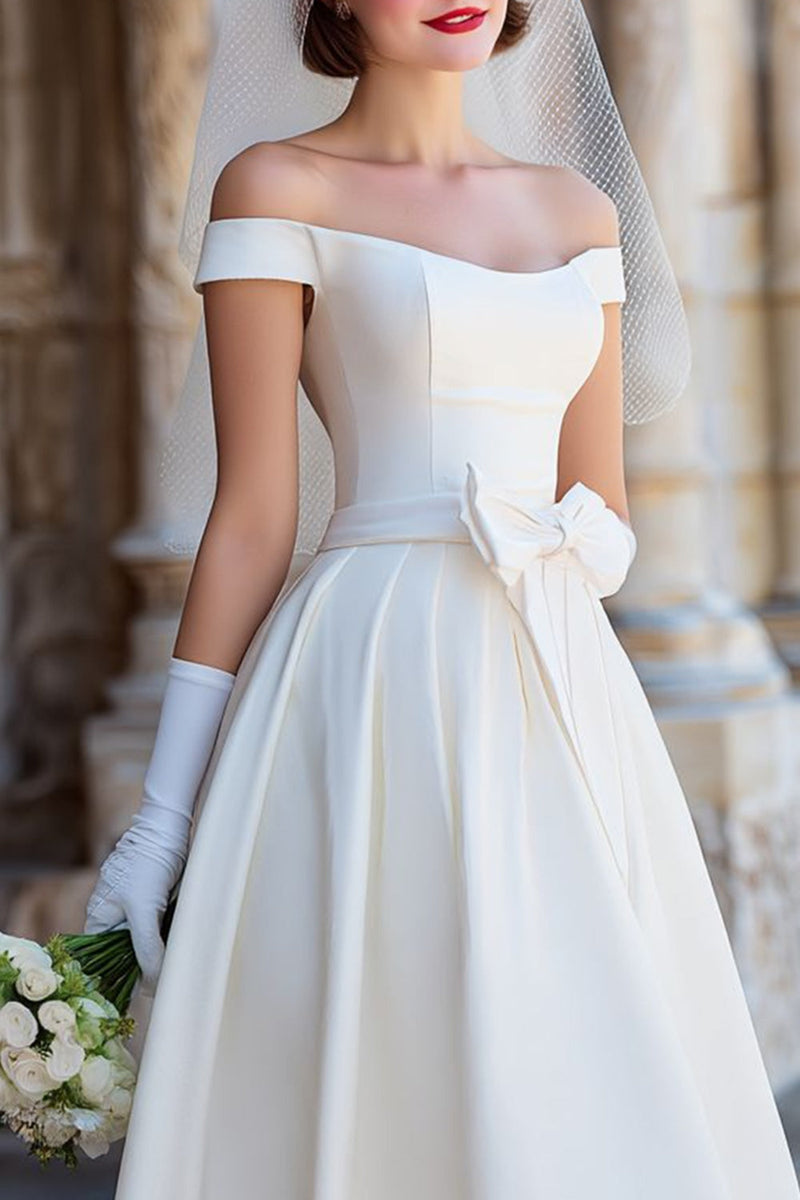 Load image into Gallery viewer, Satin White Off the Shoulder Midi Wedding Dress with Bow