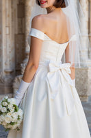 Load image into Gallery viewer, Satin White Off the Shoulder Midi Wedding Dress with Bow