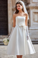 Load image into Gallery viewer, White A Line Satin Strapless Midi Wedding Dress with Bow