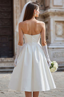 Load image into Gallery viewer, White A Line Satin Strapless Midi Wedding Dress with Bow