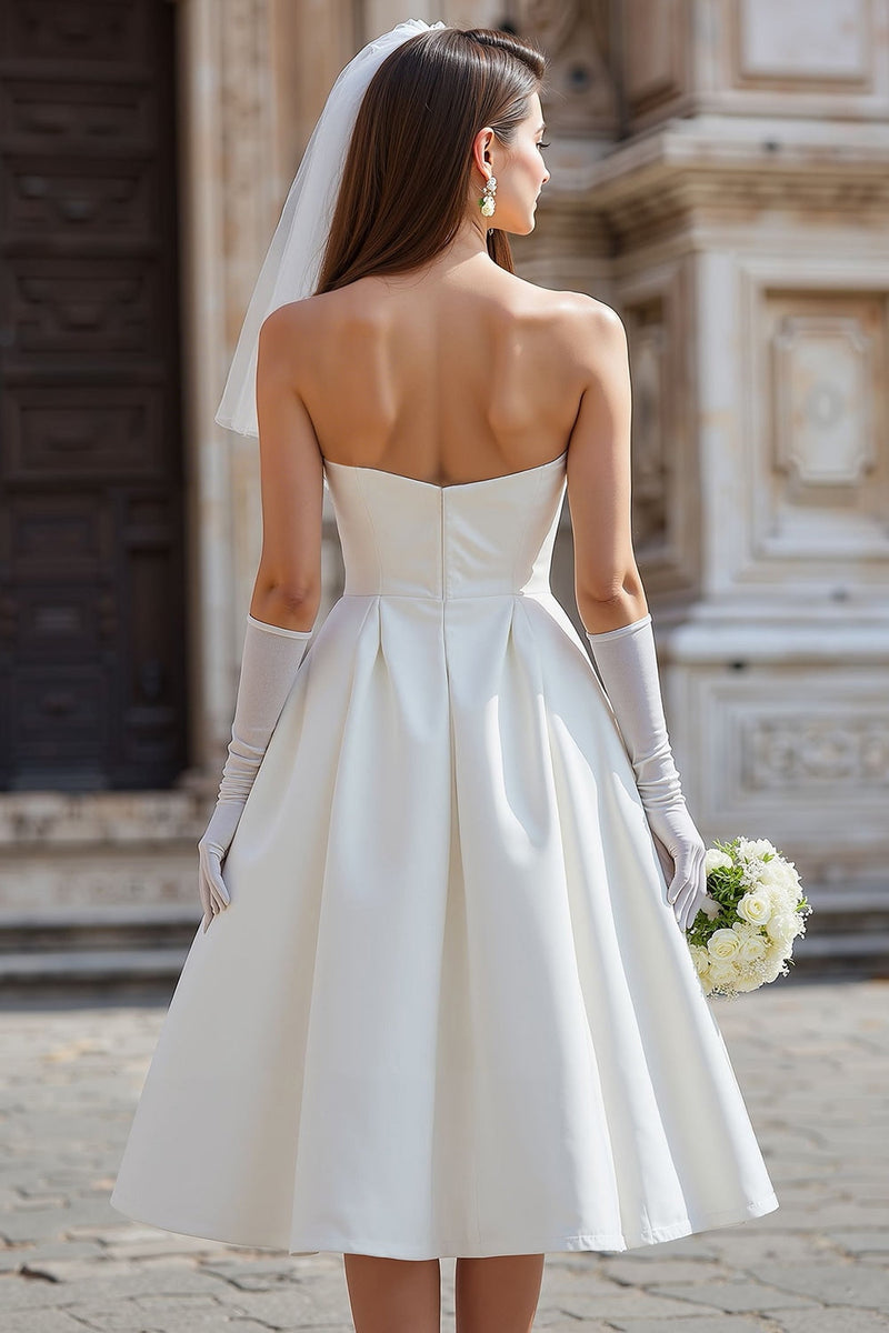 Load image into Gallery viewer, White A Line Satin Strapless Midi Wedding Dress with Bow