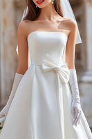 Load image into Gallery viewer, White A Line Satin Strapless Midi Wedding Dress with Bow