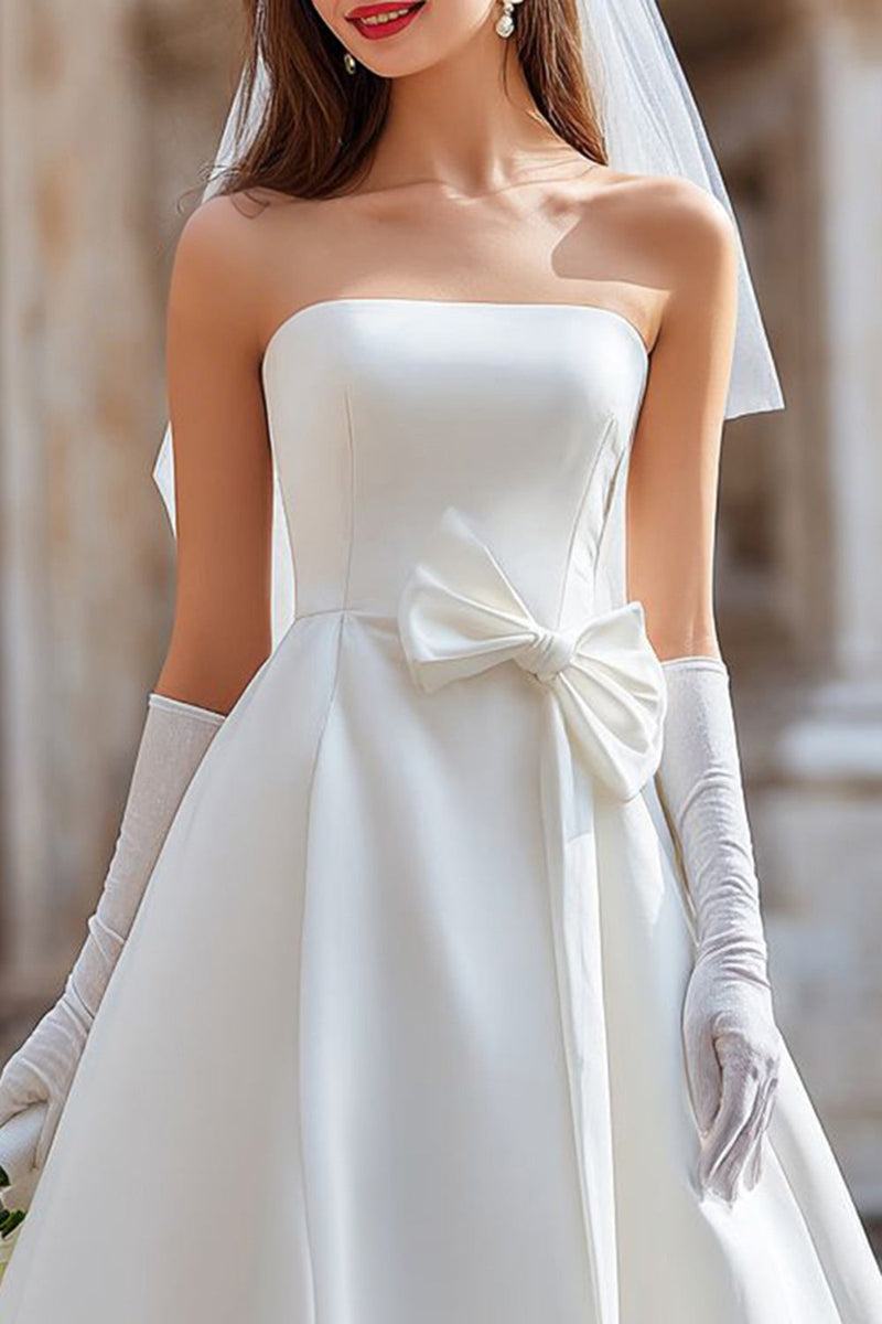 Load image into Gallery viewer, White A Line Satin Strapless Midi Wedding Dress with Bow