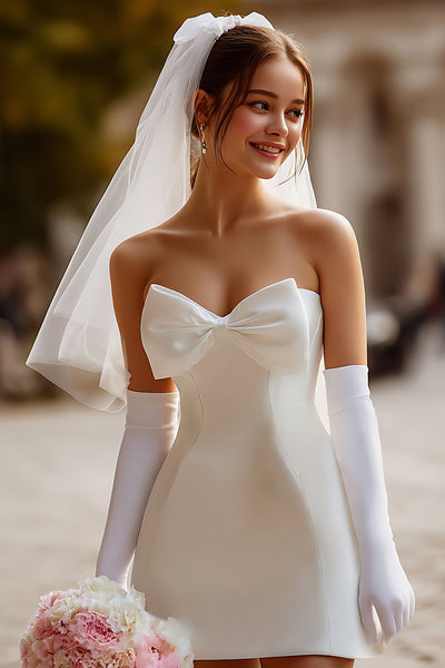 White Bodycon Satin Strapless Short Corset Wedding Dress with Bow