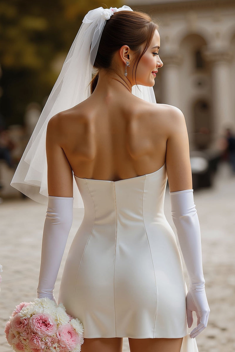 Load image into Gallery viewer, White Bodycon Satin Strapless Short Corset Wedding Dress with Bow