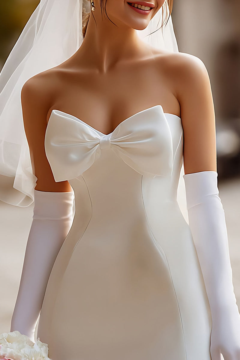 Load image into Gallery viewer, White Bodycon Satin Strapless Short Corset Wedding Dress with Bow