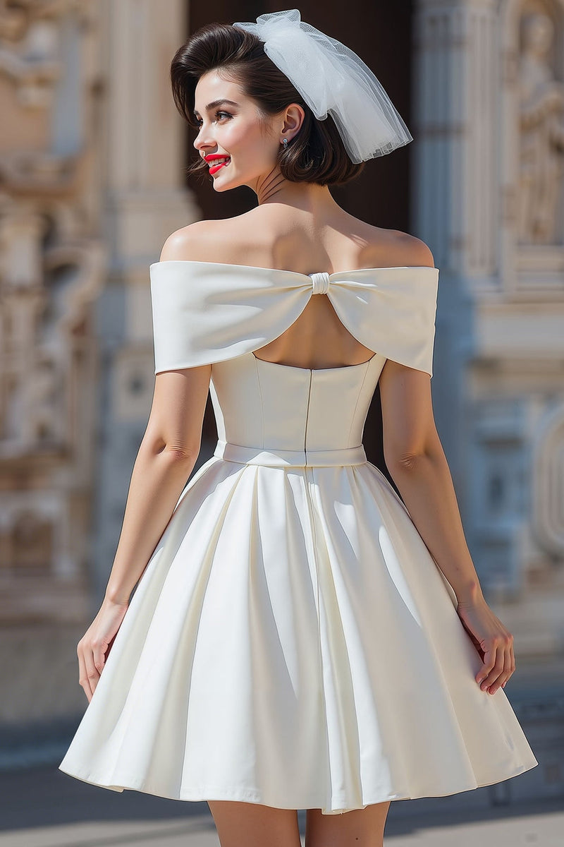 Load image into Gallery viewer, White Off the Shoulder A Line Corset Short Wedding Dress with Bow