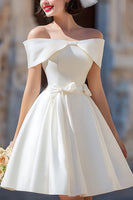 Load image into Gallery viewer, White Off the Shoulder A Line Corset Short Wedding Dress with Bow