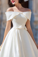 Load image into Gallery viewer, White Off the Shoulder A Line Corset Short Wedding Dress with Bow