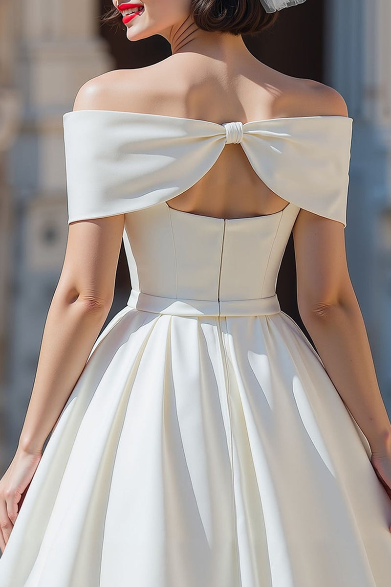 Load image into Gallery viewer, White Off the Shoulder A Line Corset Short Wedding Dress with Bow
