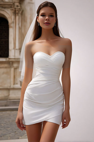 White Bodycon Ruched Sweetheart Short Wedding Dress