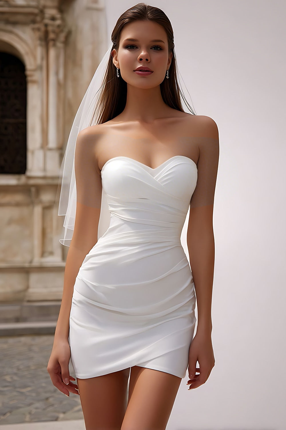 White Bodycon Ruched Sweetheart Short Wedding Dress