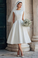 Load image into Gallery viewer, White A-Line Bateau Neck Satin Backless Midi Wedding Dress