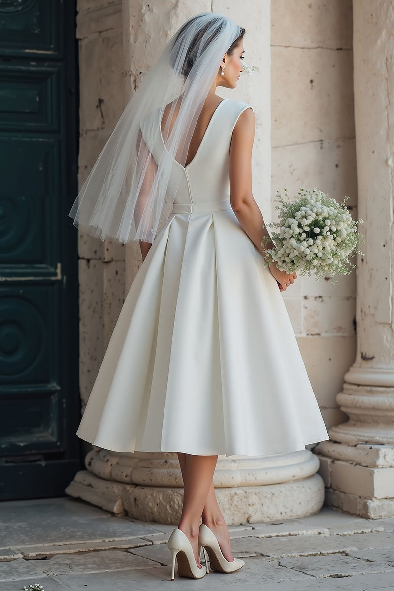 Load image into Gallery viewer, White A-Line Bateau Neck Satin Backless Midi Wedding Dress