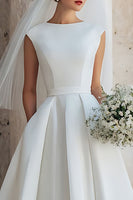 Load image into Gallery viewer, White A-Line Bateau Neck Satin Backless Midi Wedding Dress