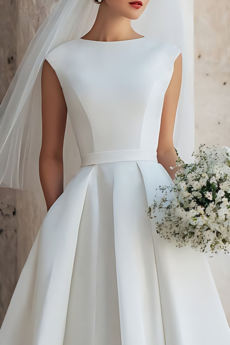 Load image into Gallery viewer, White A-Line Bateau Neck Satin Backless Midi Wedding Dress