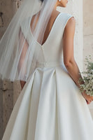 Load image into Gallery viewer, White A-Line Bateau Neck Satin Backless Midi Wedding Dress