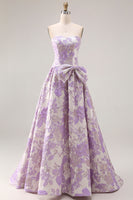 Load image into Gallery viewer, Lilac Floral Jacquard A Line Long Strapless Prom Dress with Bow