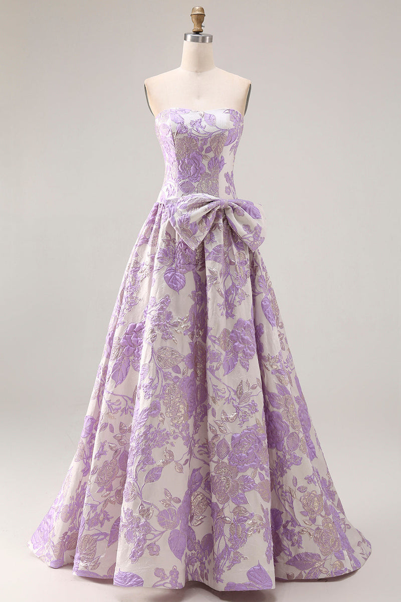 Load image into Gallery viewer, Lilac Floral Jacquard A Line Long Strapless Prom Dress with Bow