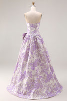 Load image into Gallery viewer, Lilac Floral Jacquard A Line Long Strapless Prom Dress with Bow