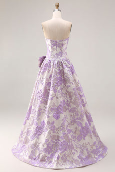 Lilac Floral Jacquard A Line Long Strapless Prom Dress with Bow