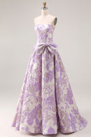 Load image into Gallery viewer, Lilac Floral Jacquard A Line Long Strapless Prom Dress with Bow