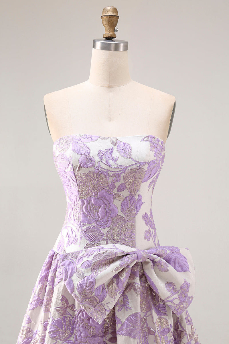 Load image into Gallery viewer, Lilac Floral Jacquard A Line Long Strapless Prom Dress with Bow