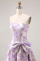 Load image into Gallery viewer, Lilac Floral Jacquard A Line Long Strapless Prom Dress with Bow