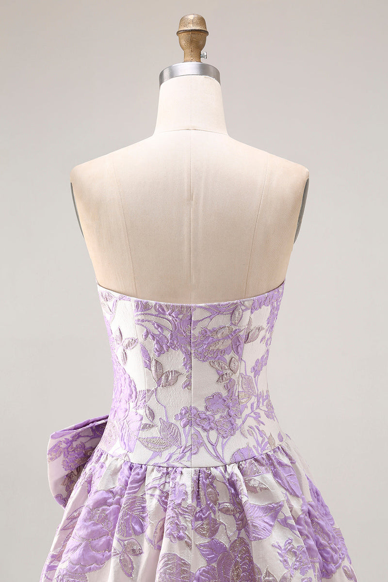 Load image into Gallery viewer, Lilac Floral Jacquard A Line Long Strapless Prom Dress with Bow