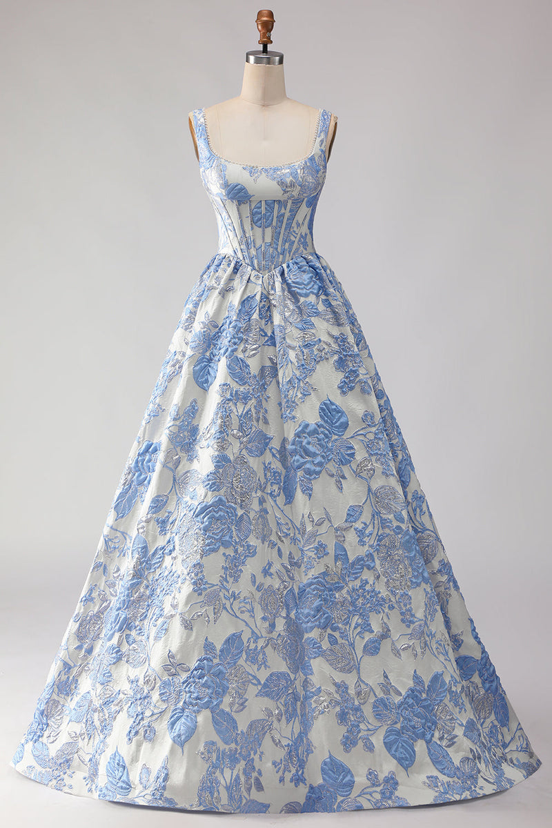Load image into Gallery viewer, Light Blue Jacquard Floral A Line Long Corset Prom Dress