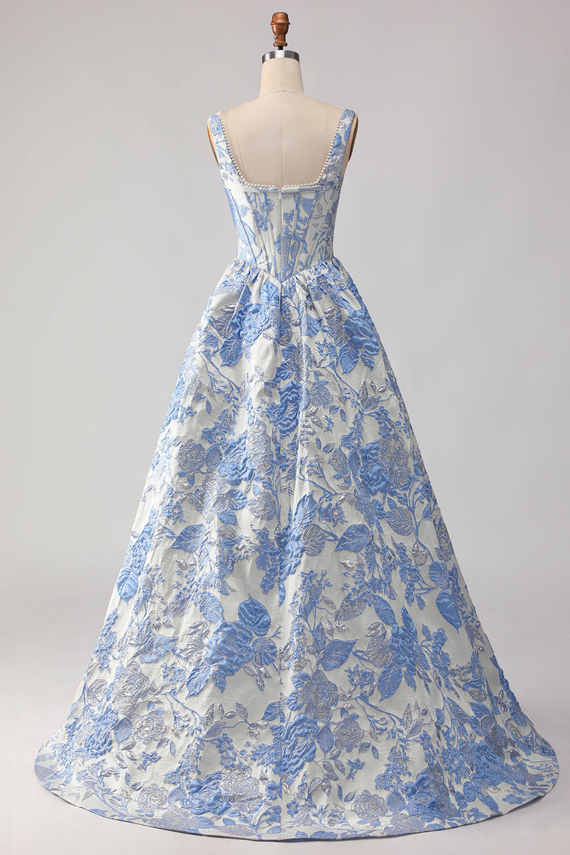 Load image into Gallery viewer, Light Blue Jacquard Floral A Line Long Corset Prom Dress