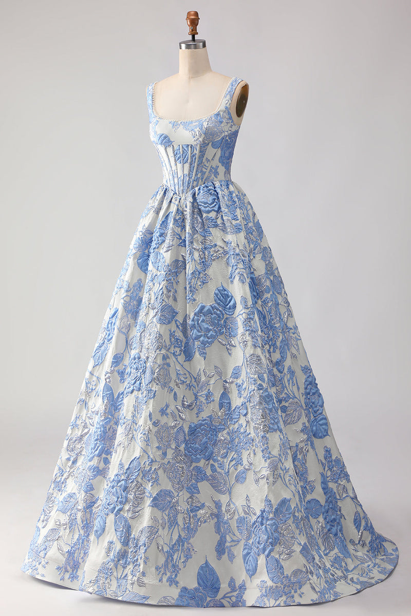 Load image into Gallery viewer, Light Blue Jacquard Floral A Line Long Corset Prom Dress