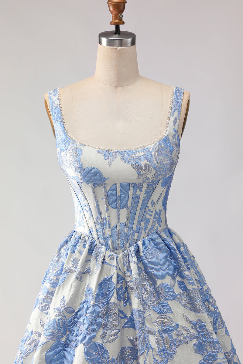 Load image into Gallery viewer, Light Blue Jacquard Floral A Line Long Corset Prom Dress