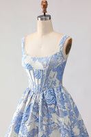 Load image into Gallery viewer, Light Blue Jacquard Floral A Line Long Corset Prom Dress
