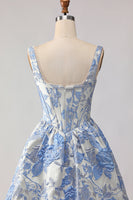Load image into Gallery viewer, Light Blue Jacquard Floral A Line Long Corset Prom Dress