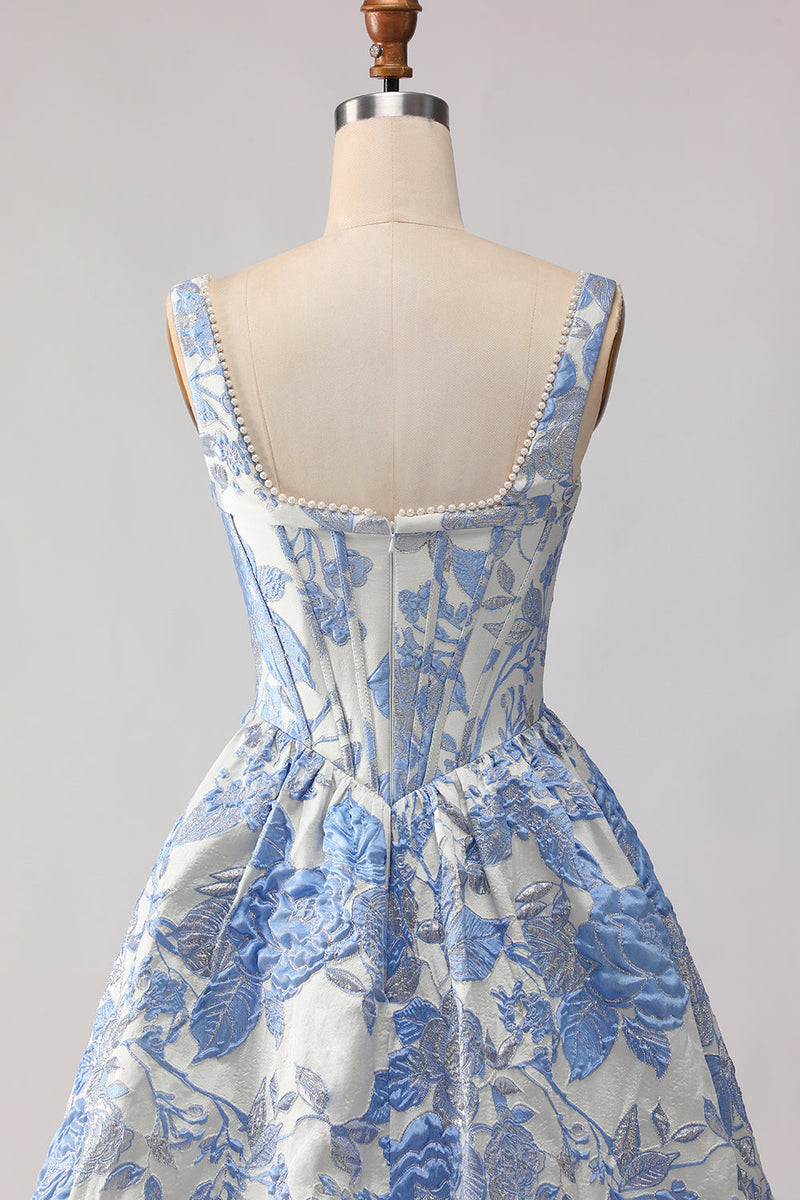 Load image into Gallery viewer, Light Blue Jacquard Floral A Line Long Corset Prom Dress