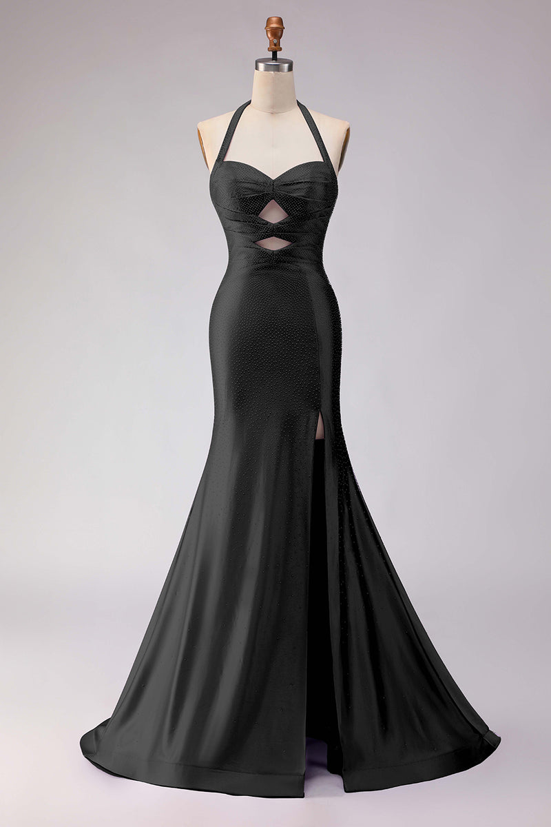 Load image into Gallery viewer, Lilac Satin Halter Beaded Mermaid Long Prom Dress with Slit