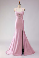 Load image into Gallery viewer, Lilac Satin Halter Beaded Mermaid Long Prom Dress with Slit