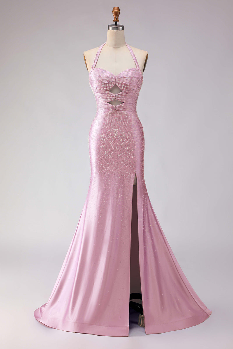 Load image into Gallery viewer, Lilac Satin Halter Beaded Mermaid Long Prom Dress with Slit