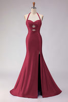 Load image into Gallery viewer, Lilac Satin Halter Beaded Mermaid Long Prom Dress with Slit