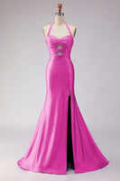 Load image into Gallery viewer, Lilac Satin Halter Beaded Mermaid Long Prom Dress with Slit