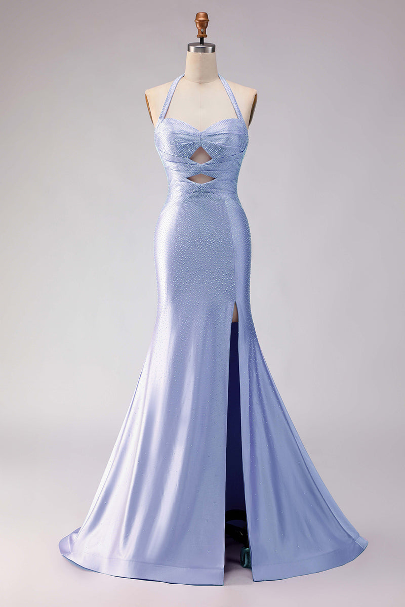 Load image into Gallery viewer, Lilac Satin Halter Beaded Mermaid Long Prom Dress with Slit