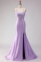 Load image into Gallery viewer, Lilac Satin Halter Beaded Mermaid Long Prom Dress with Slit