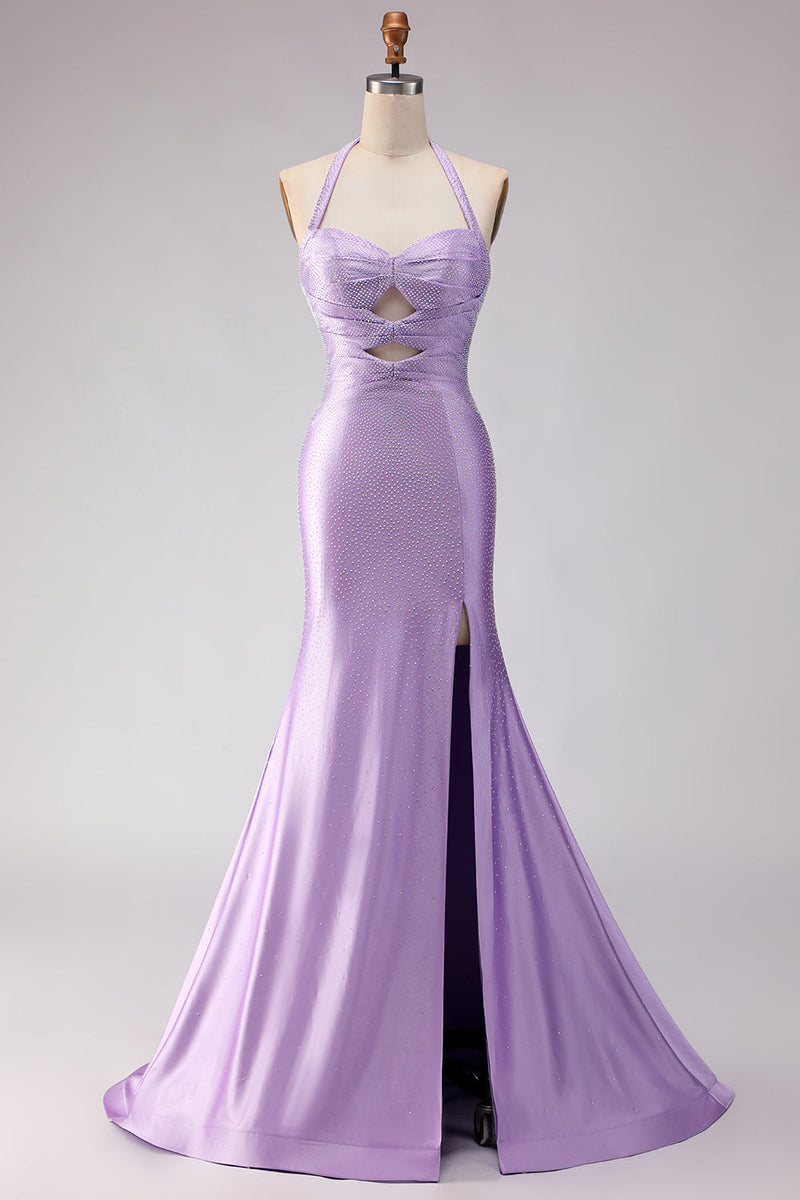 Load image into Gallery viewer, Lilac Satin Halter Beaded Mermaid Long Prom Dress with Slit
