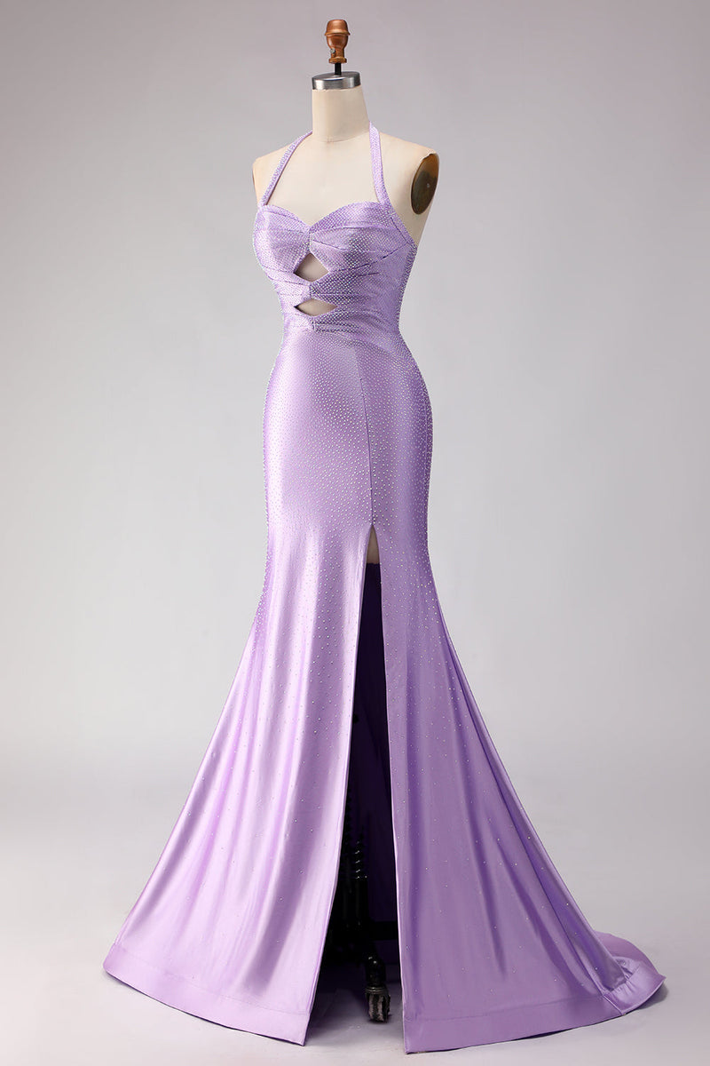 Load image into Gallery viewer, Lilac Satin Halter Beaded Mermaid Long Prom Dress with Slit