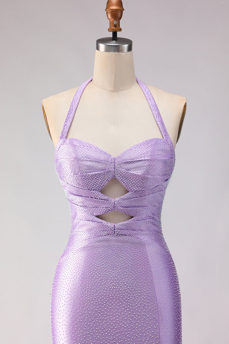 Load image into Gallery viewer, Lilac Satin Halter Beaded Mermaid Long Prom Dress with Slit
